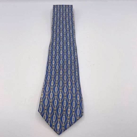 CHANEL Royal Blue and Yellow Chain Pattern CC Logo Silk Necktie - Picture 1 of 9